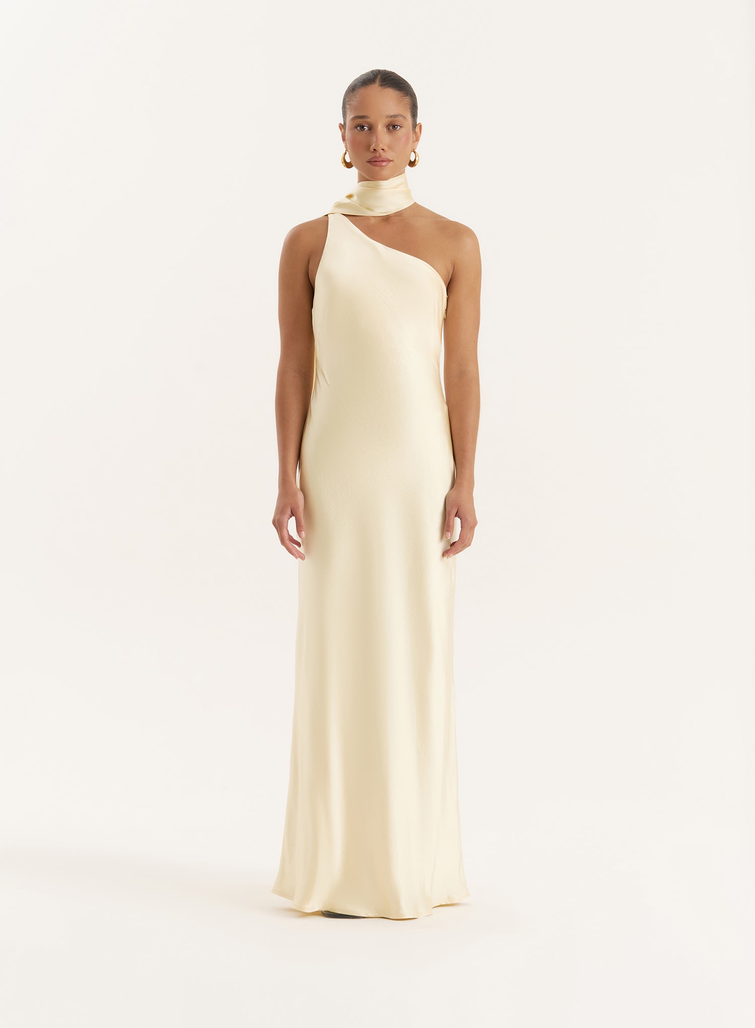 Lemon Satin One Shoulder Maxi Dress
